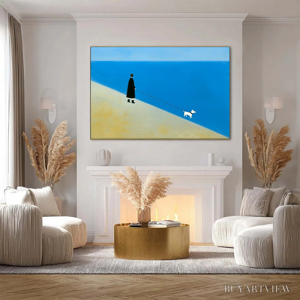 ARTOVITAS Shoreline Minimalist Beach Scene with Dog Original Oil Painting - image 2