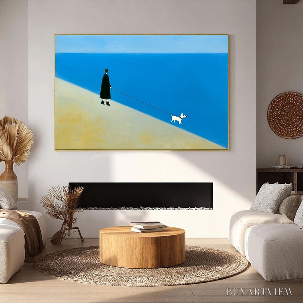 ARTOVITAS Shoreline Minimalist Beach Scene with Dog Original Oil Painting - image 4