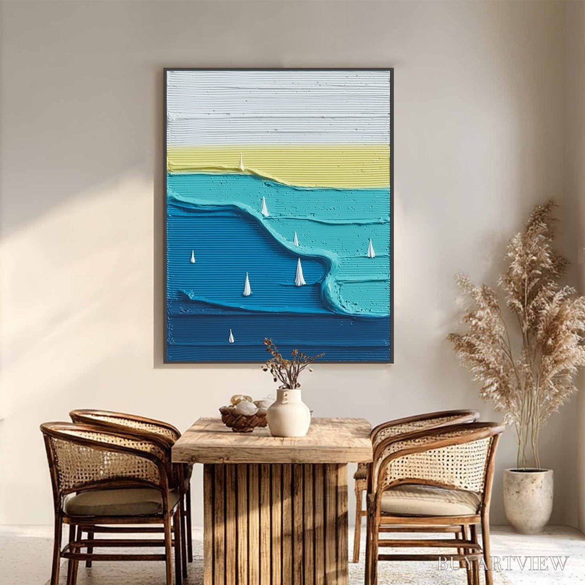 ARTOVITAS Sailboat Serenity – Textured Minimalist Abstract Seascape Painting - image 2