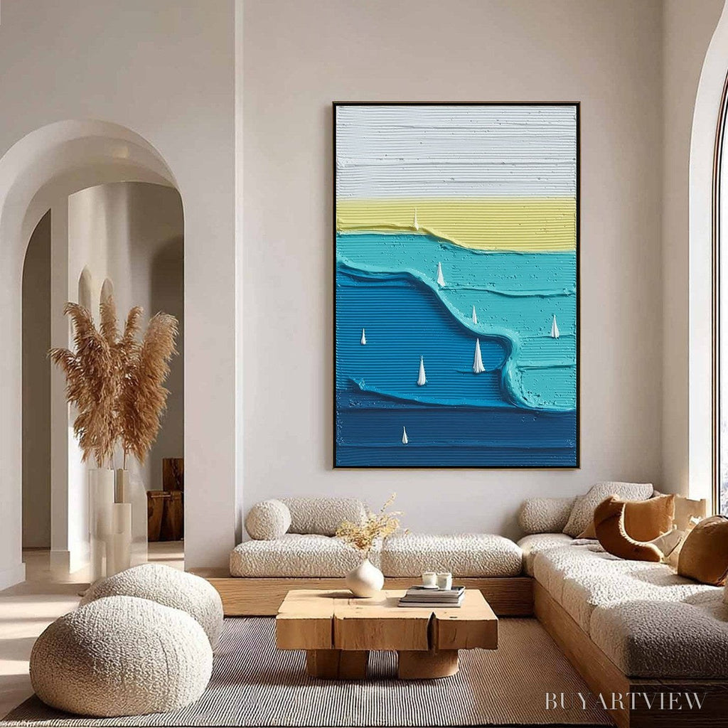 ARTOVITAS Sailboat Serenity – Textured Minimalist Abstract Seascape Painting - image 4