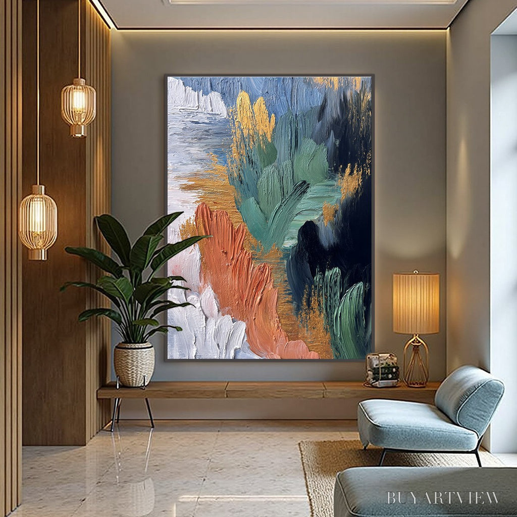 ARTOVITAS Verdant Shore | Textured Abstract Oil Painting with Gold Leaf - image 4