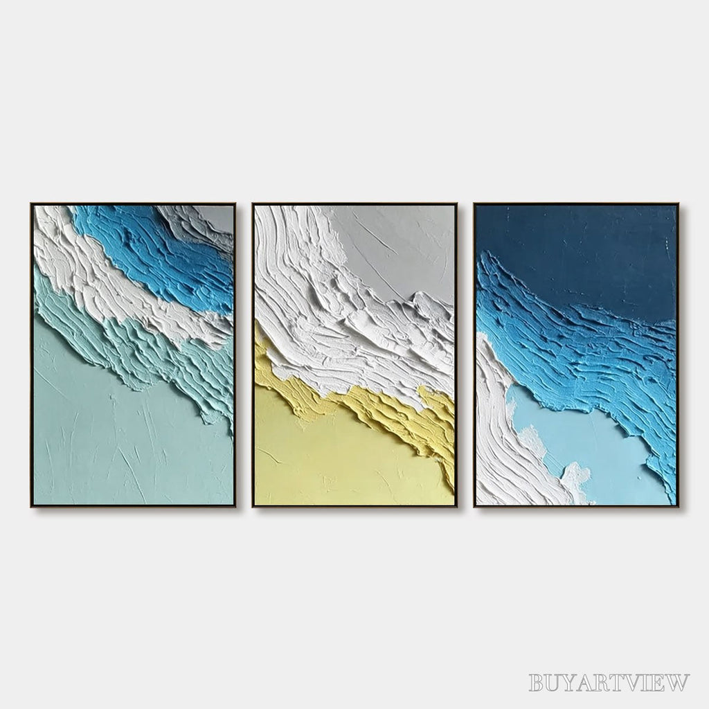 ARTOVITAS Coastal Rhythm – Textured Abstract Triptych of a Serene Seascape - image 1