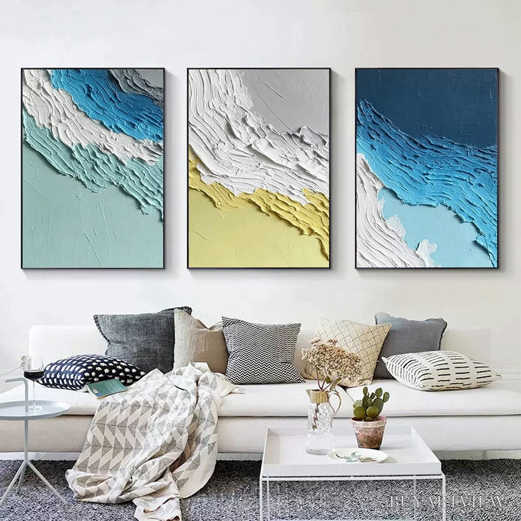 ARTOVITAS Coastal Rhythm – Textured Abstract Triptych of a Serene Seascape - image 2