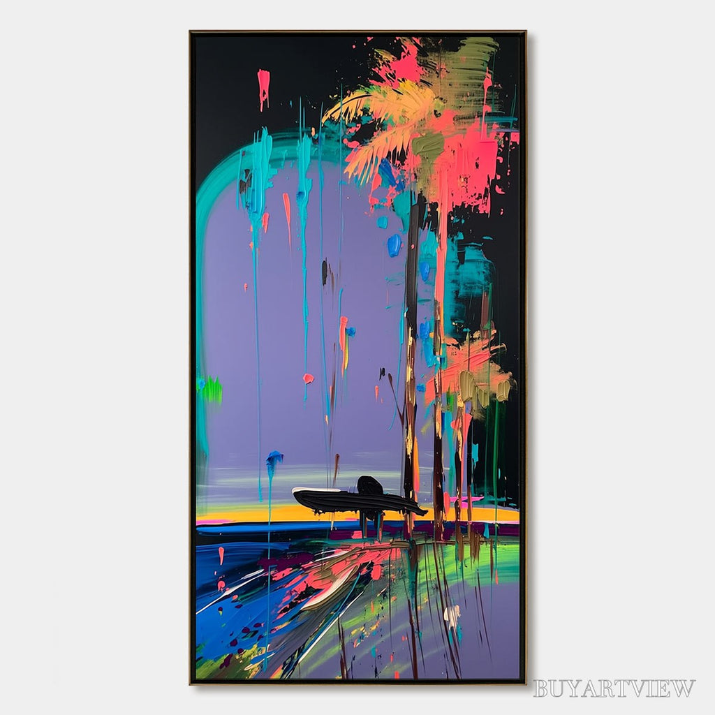 ARTOVITAS Coastal Rush – Vibrant Abstract Surfer and Palm Tree Oil Painting - image 1