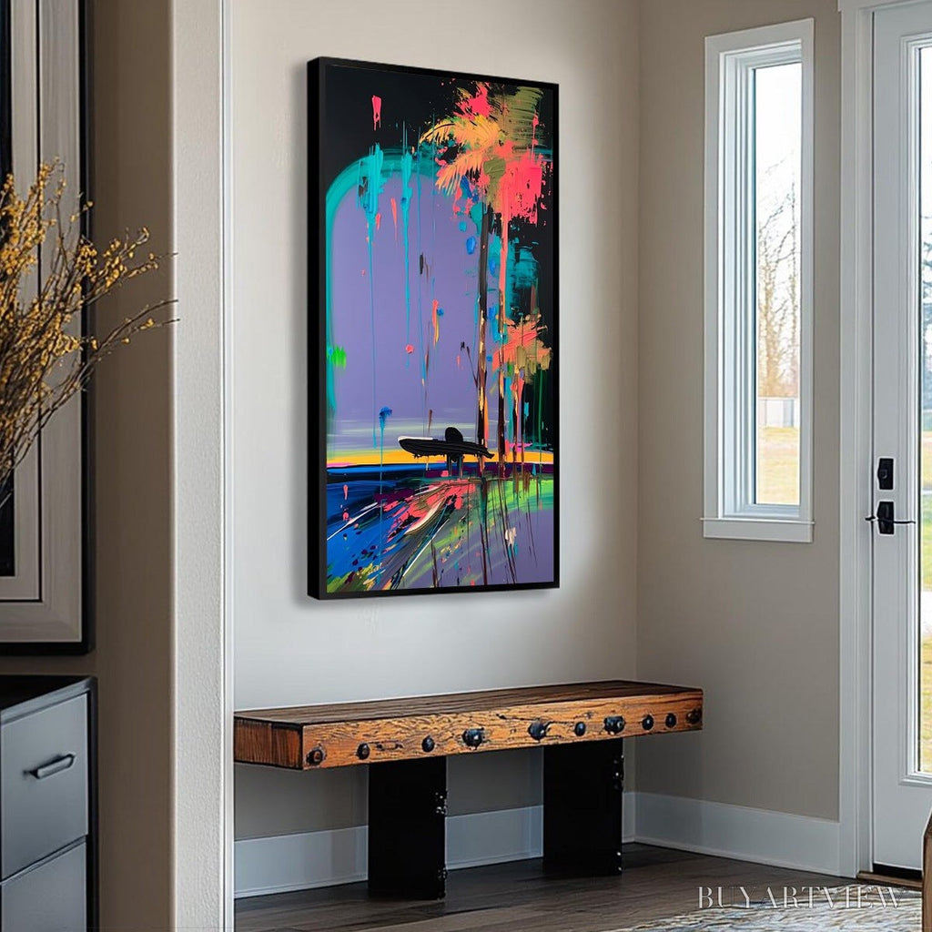 ARTOVITAS Coastal Rush – Vibrant Abstract Surfer and Palm Tree Oil Painting - image 4