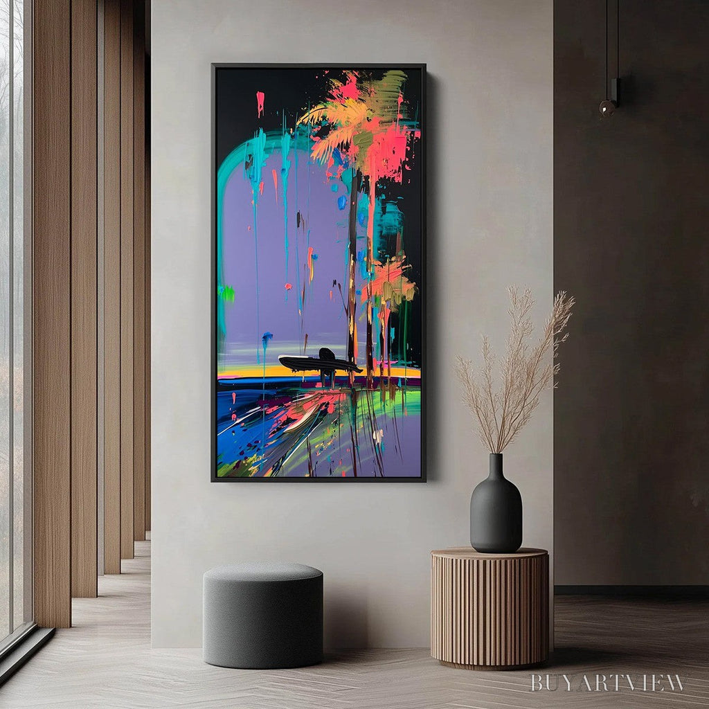 ARTOVITAS Coastal Rush – Vibrant Abstract Surfer and Palm Tree Oil Painting - image 5