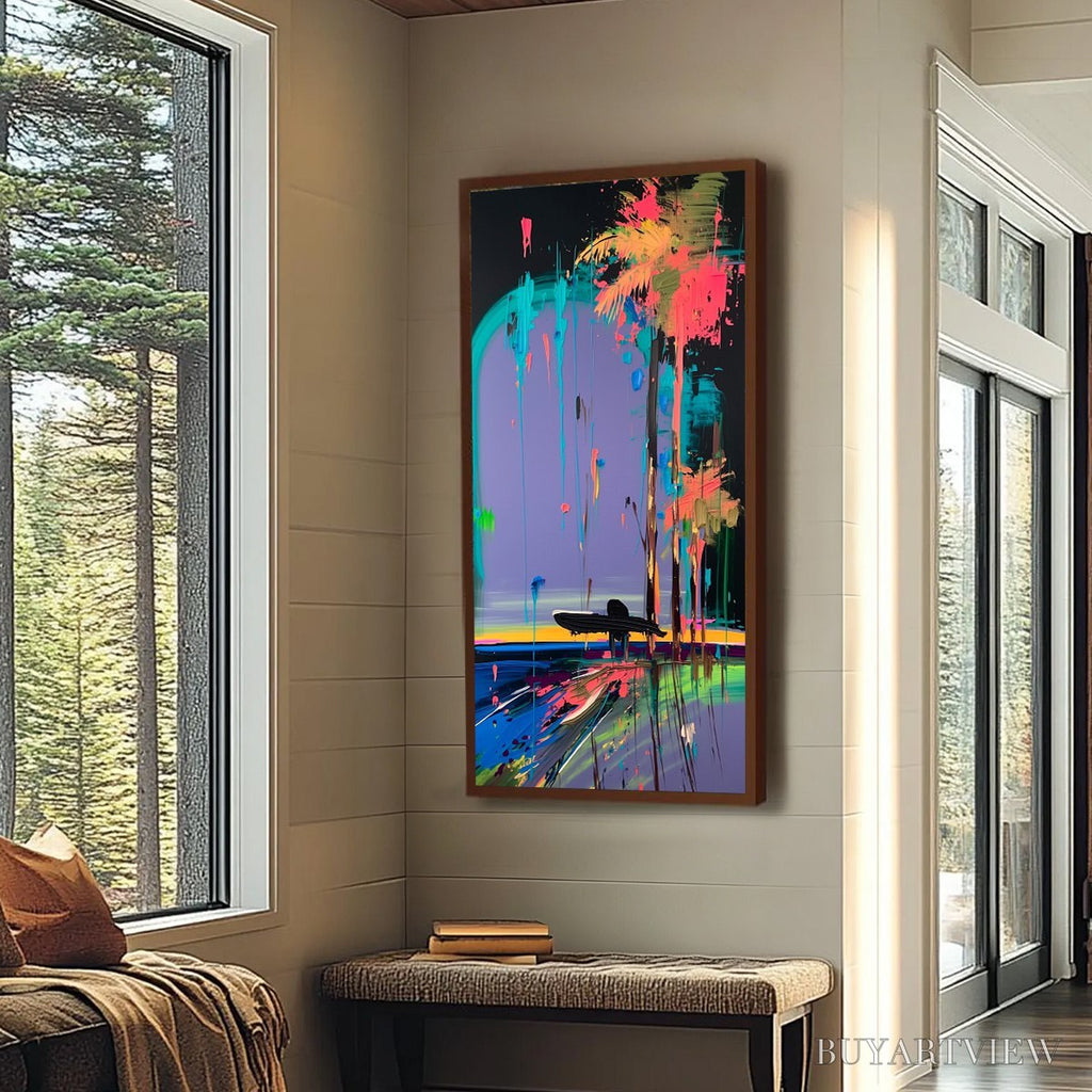 ARTOVITAS Coastal Rush – Vibrant Abstract Surfer and Palm Tree Oil Painting - image 6