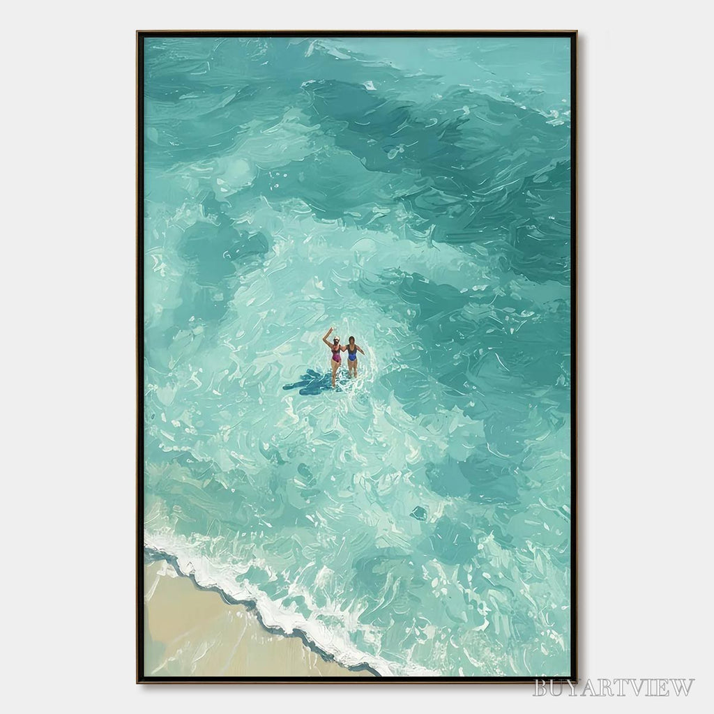 ARTOVITAS Ocean Embrace – Aerial View Beach Scene with Swimmers Oil Painting - image 1