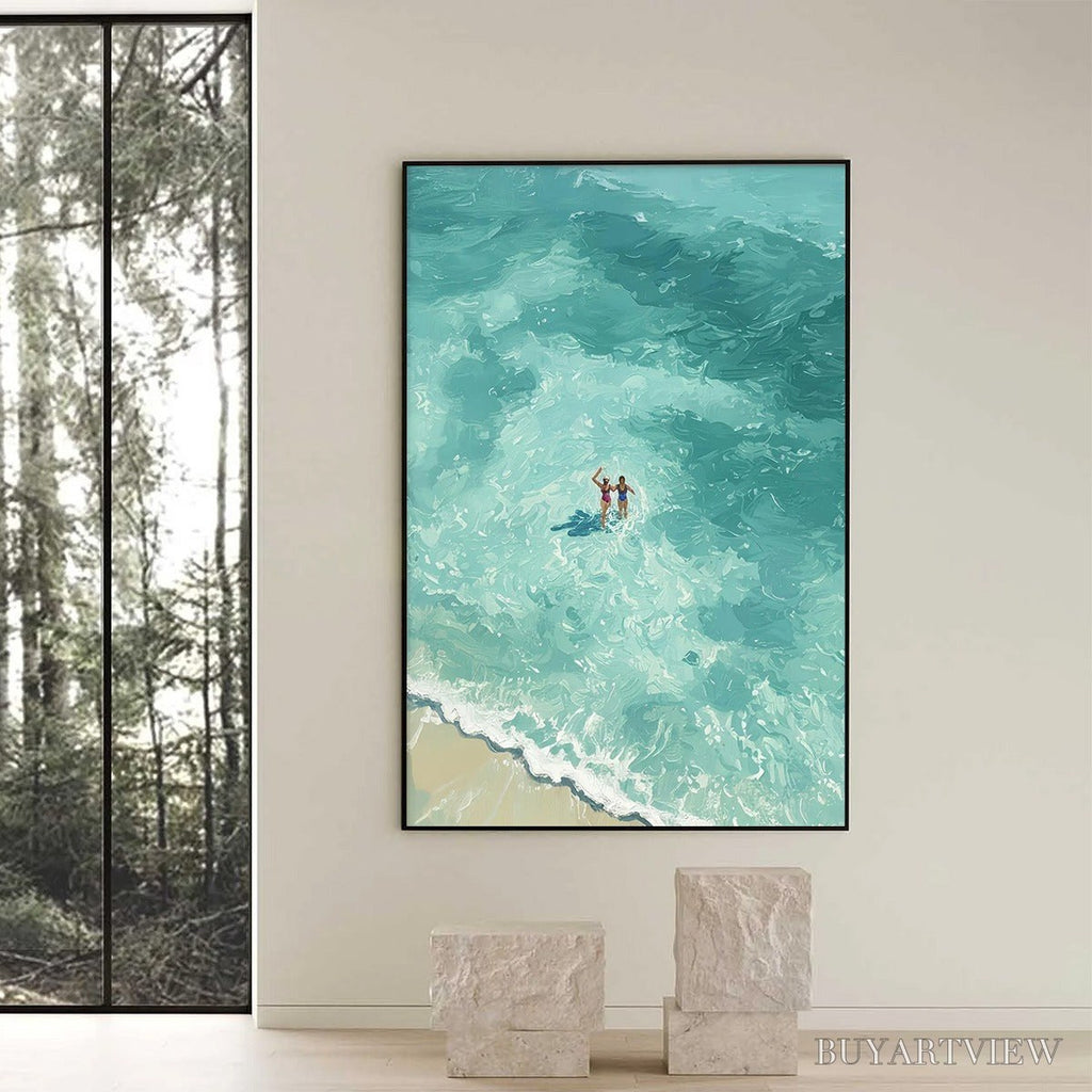 ARTOVITAS Ocean Embrace – Aerial View Beach Scene with Swimmers Oil Painting - image 2