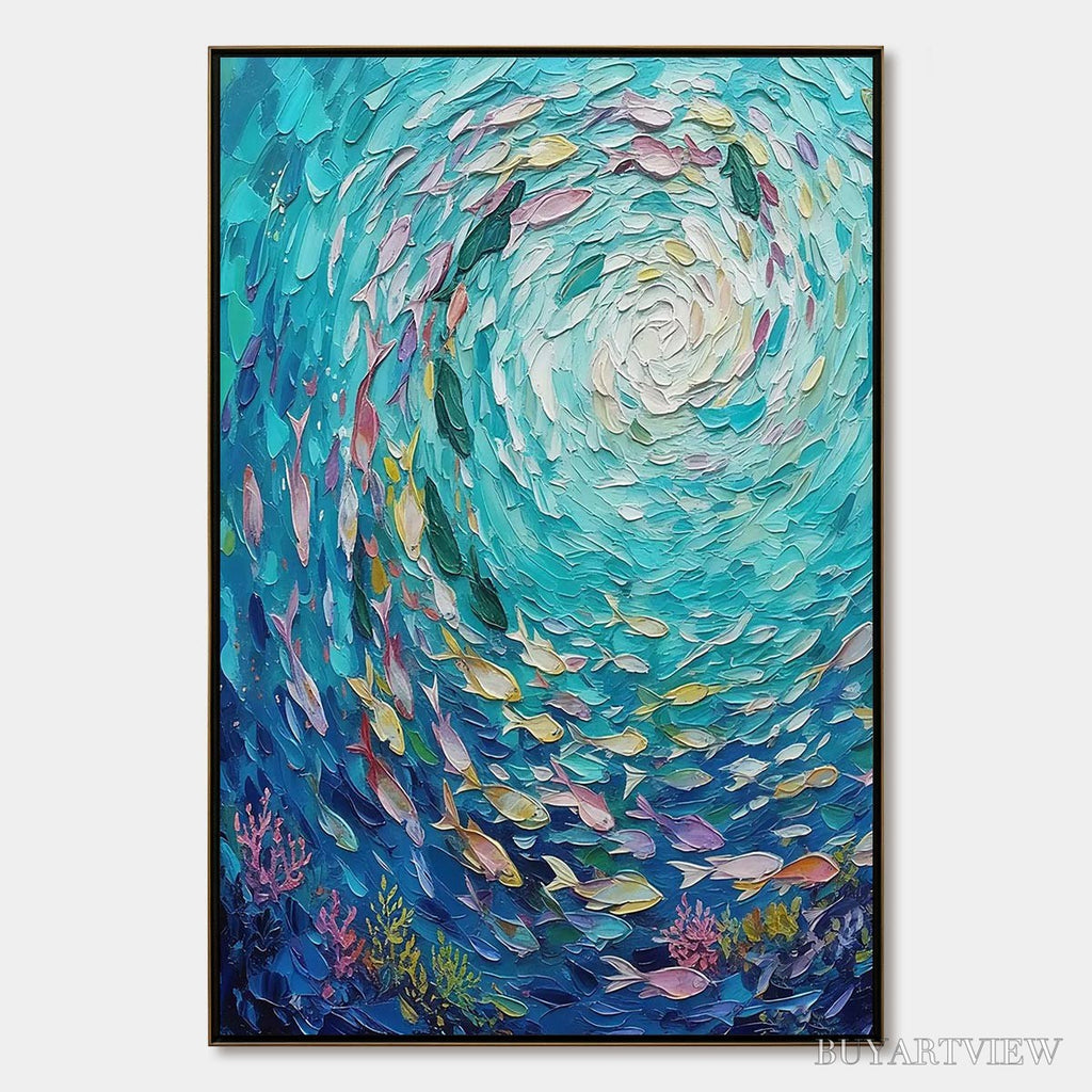 ARTOVITAS Azure Whirlpool – Textured Impasto Painting of a Vibrant Fish School - image 1