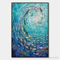 ARTOVITAS Azure Whirlpool – Textured Impasto Painting of a Vibrant Fish School - image 1