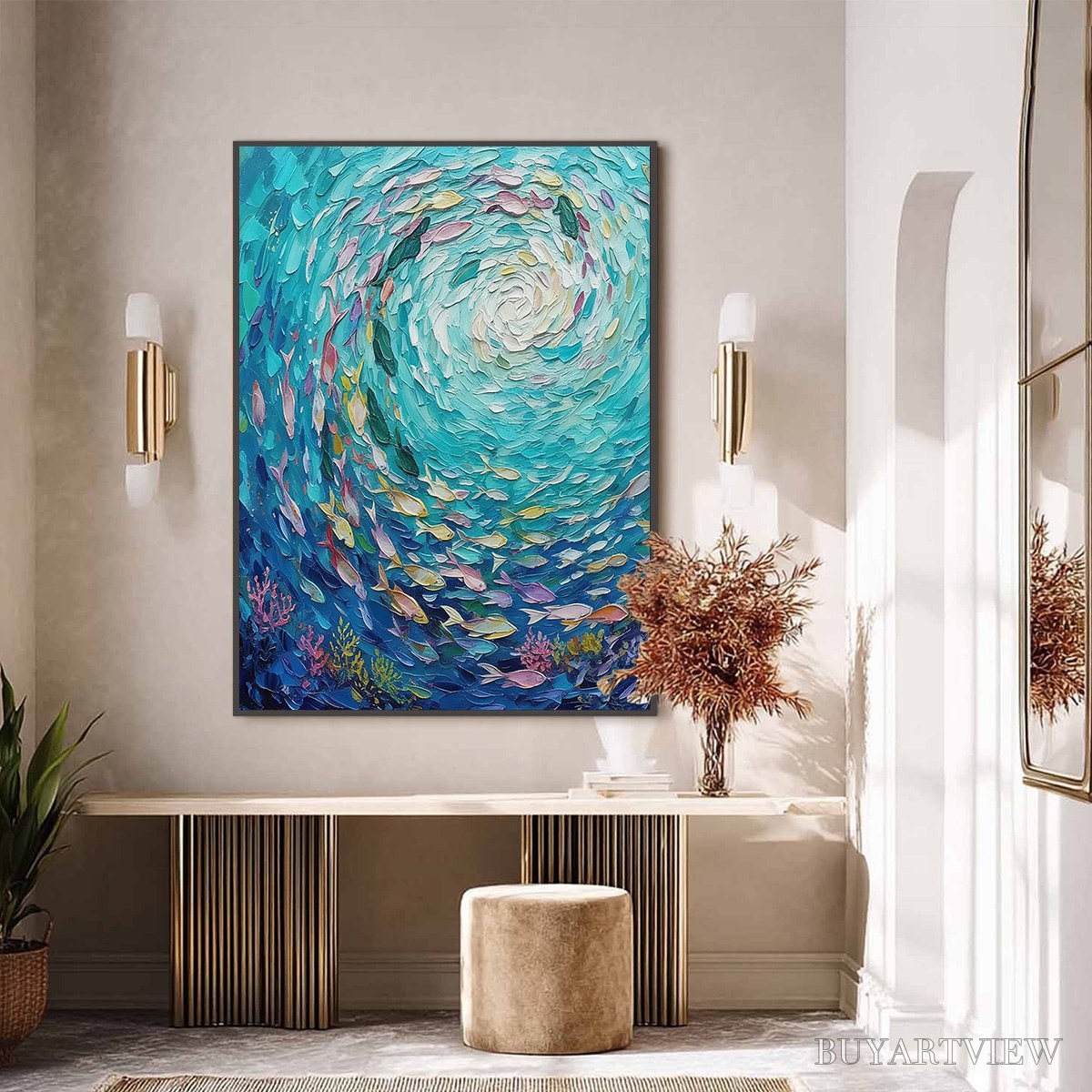 ARTOVITAS Azure Whirlpool – Textured Impasto Painting of a Vibrant Fish School - image 2