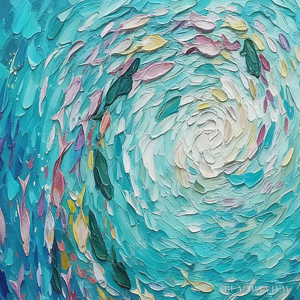 ARTOVITAS Azure Whirlpool – Textured Impasto Painting of a Vibrant Fish School - image 3