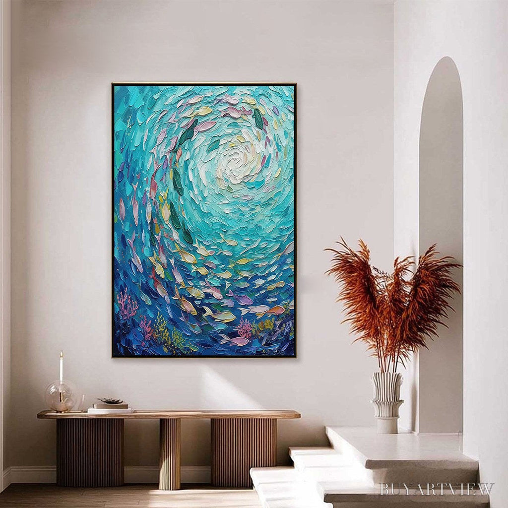 ARTOVITAS Azure Whirlpool – Textured Impasto Painting of a Vibrant Fish School - image 4