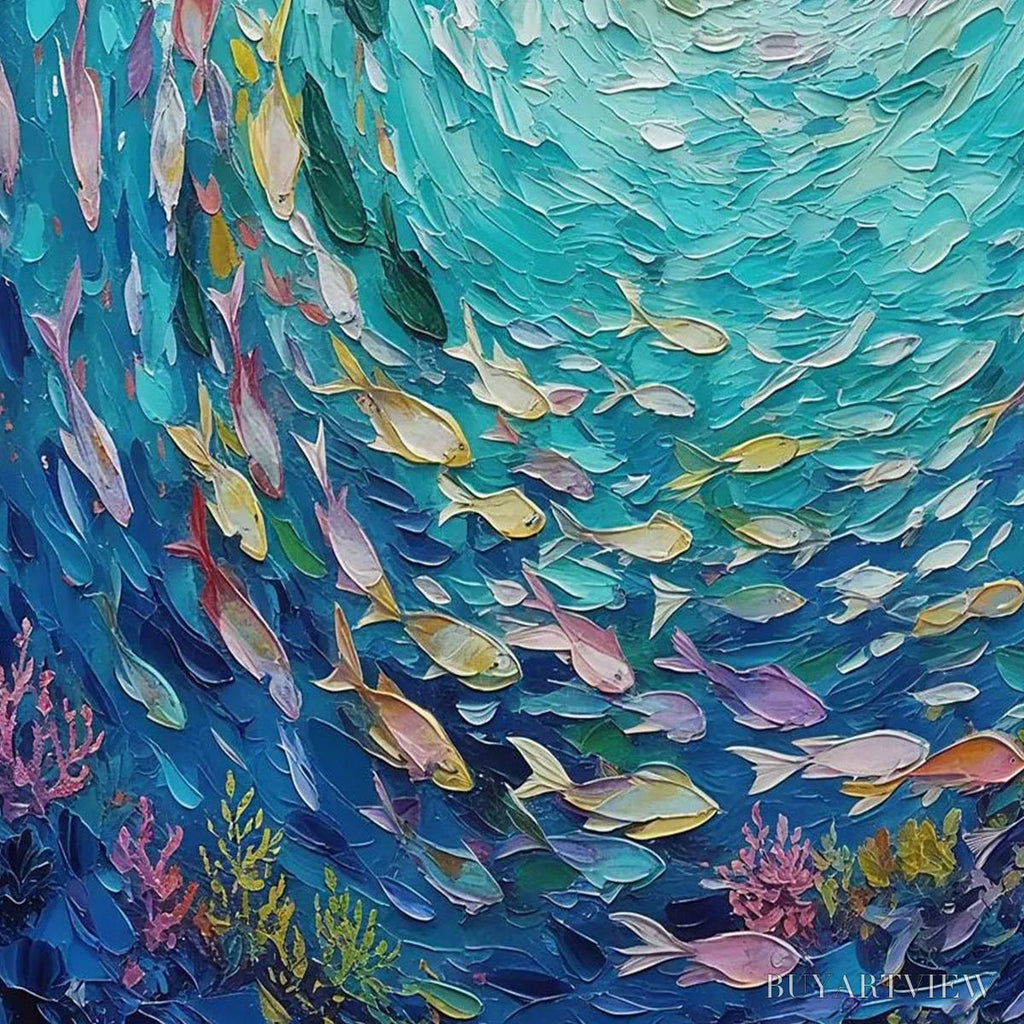 ARTOVITAS Azure Whirlpool – Textured Impasto Painting of a Vibrant Fish School - image 5