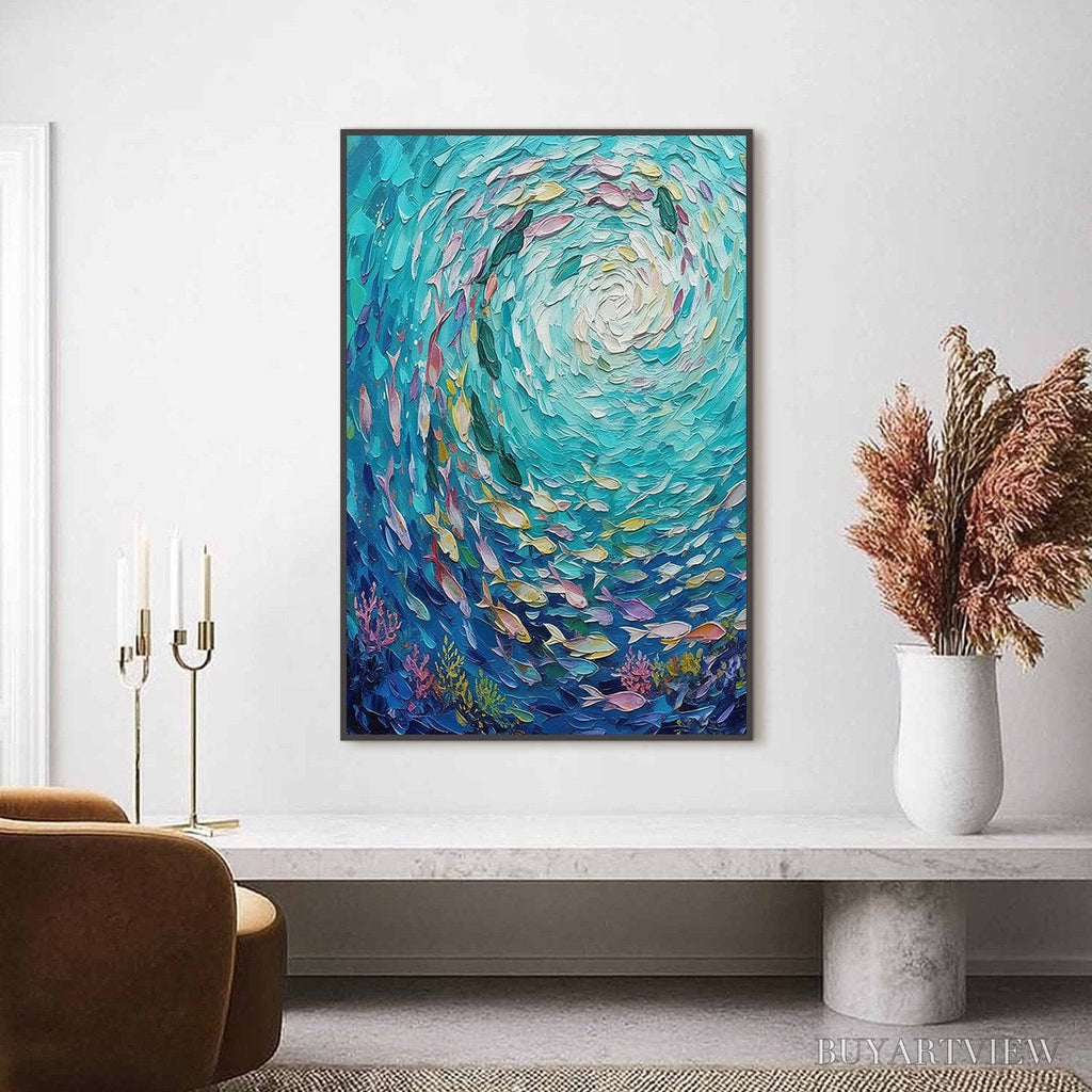 ARTOVITAS Azure Whirlpool – Textured Impasto Painting of a Vibrant Fish School - image 6