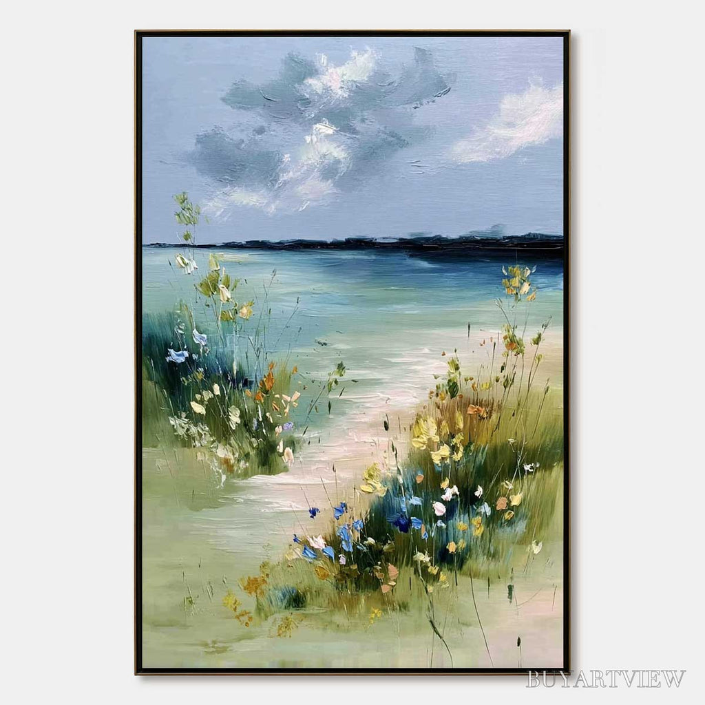 ARTOVITAS Coastal Serenity – Textured Vertical Seascape Painting with Wildflowers - image 1