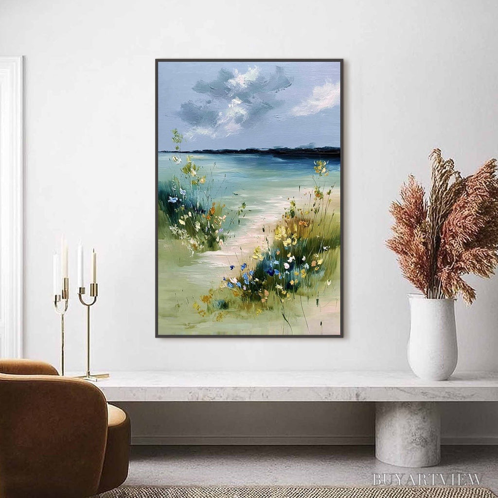 ARTOVITAS Coastal Serenity – Textured Vertical Seascape Painting with Wildflowers - image 2