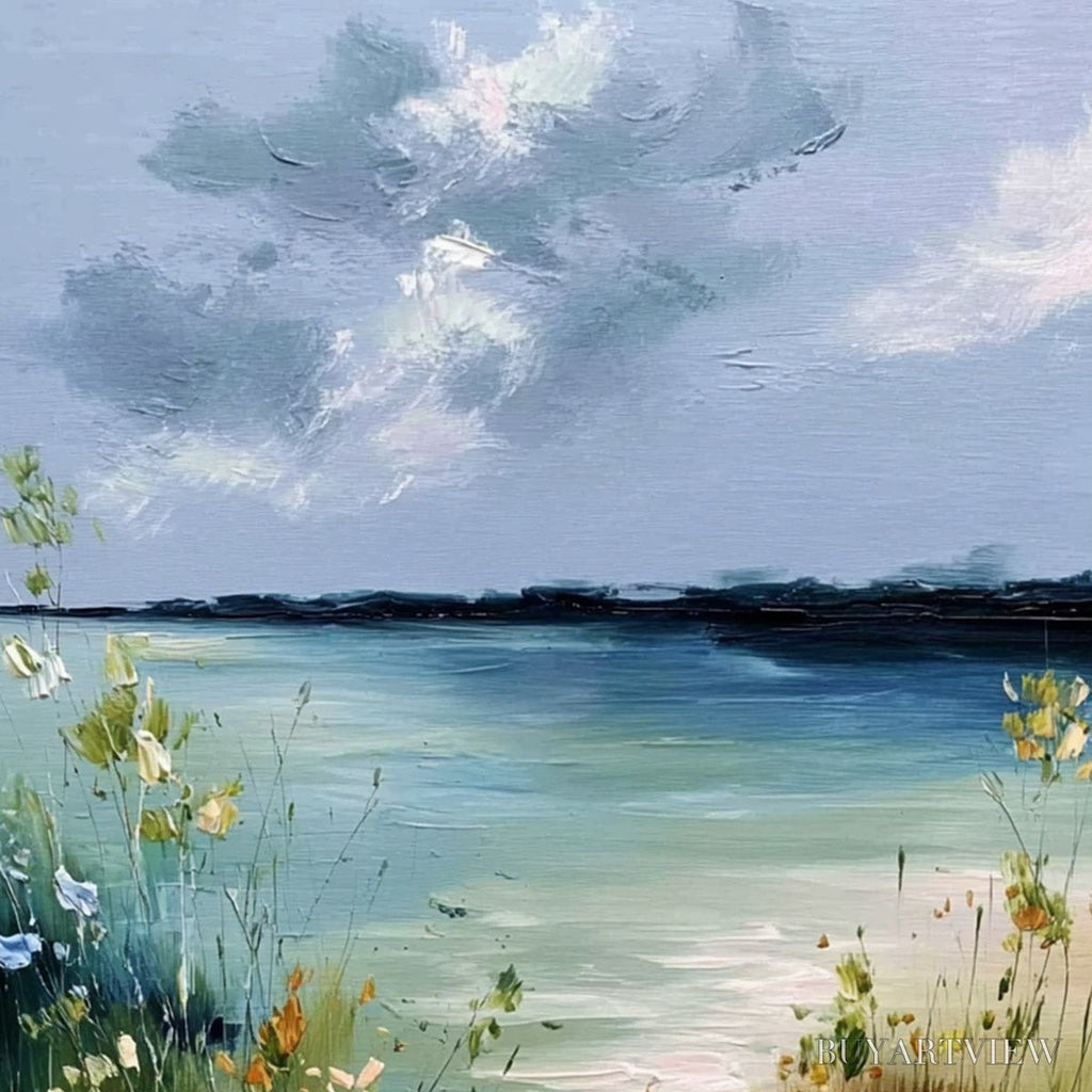 ARTOVITAS Coastal Serenity – Textured Vertical Seascape Painting with Wildflowers - image 3