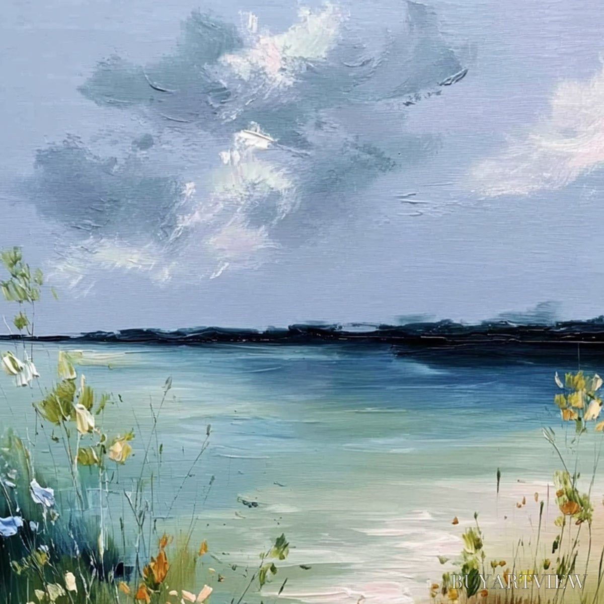 ARTOVITAS Coastal Serenity – Textured Vertical Seascape Painting with Wildflowers - image 3