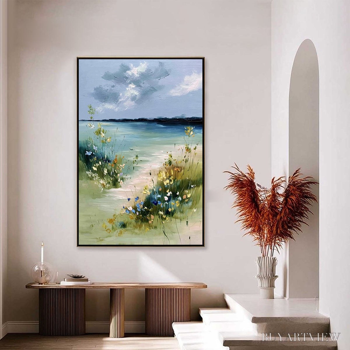 ARTOVITAS Coastal Serenity – Textured Vertical Seascape Painting with Wildflowers - image 4