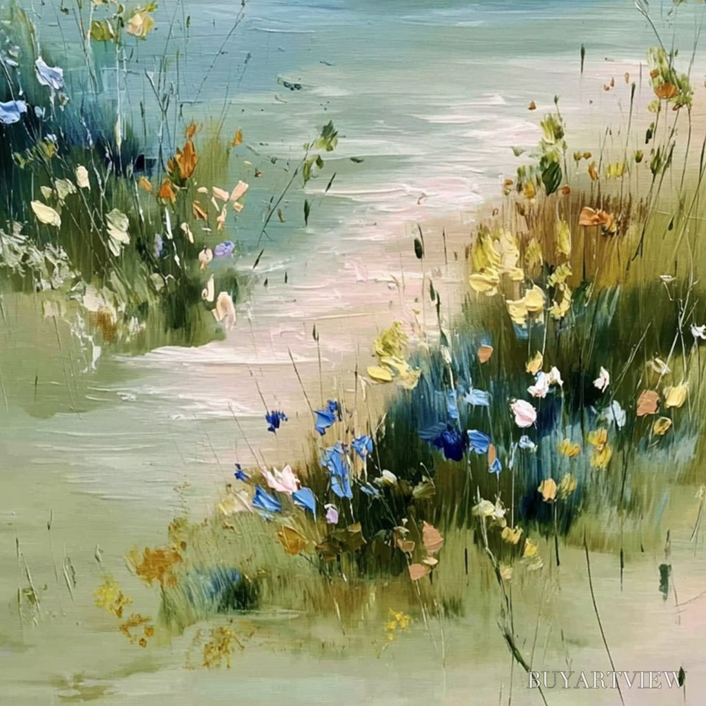 ARTOVITAS Coastal Serenity – Textured Vertical Seascape Painting with Wildflowers - image 5