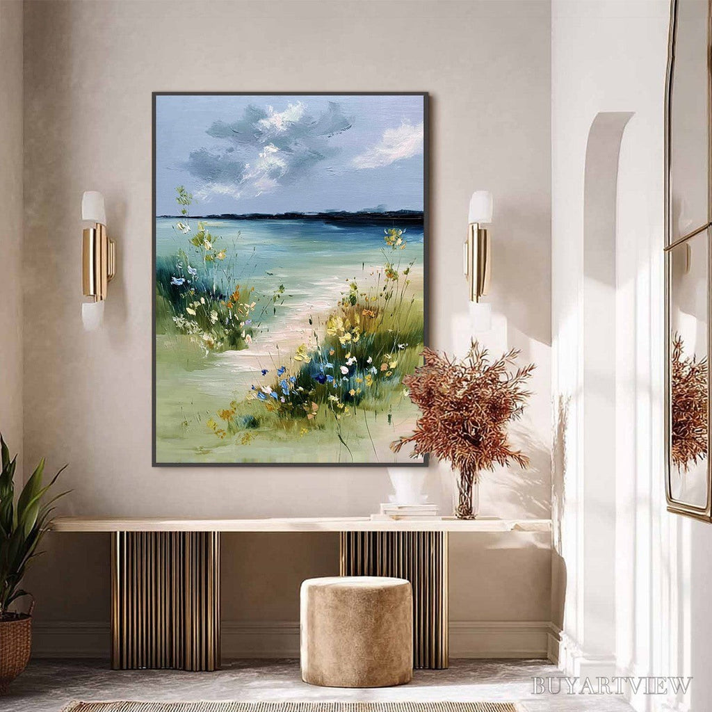 ARTOVITAS Coastal Serenity – Textured Vertical Seascape Painting with Wildflowers - image 6