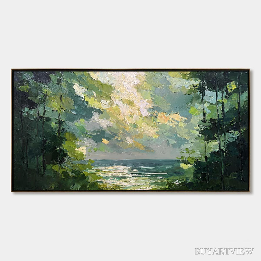 ARTOVITAS Emerald Overlook – Textured Palette Knife Seascape Forest Painting - image 1