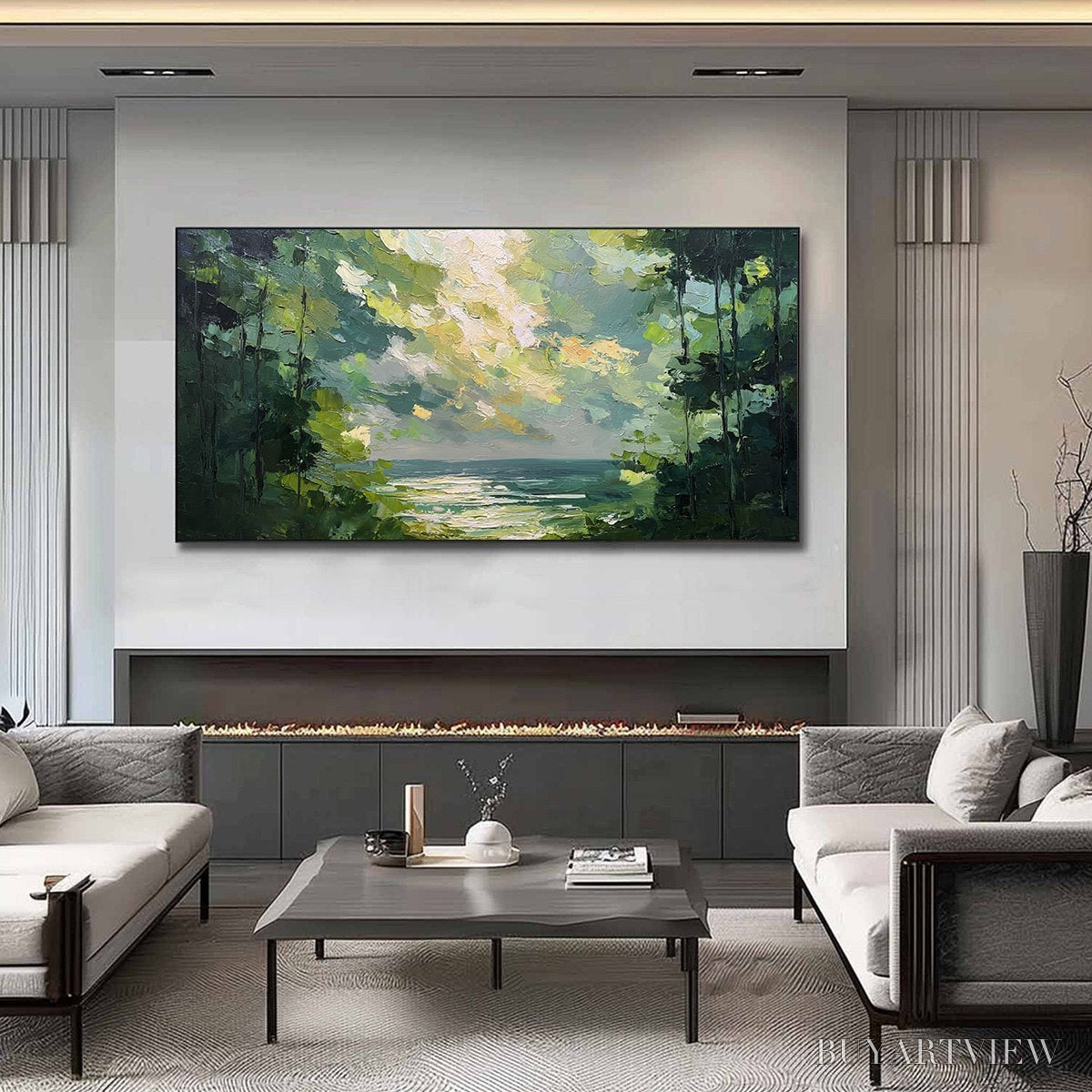 ARTOVITAS Emerald Overlook – Textured Palette Knife Seascape Forest Painting - image 2