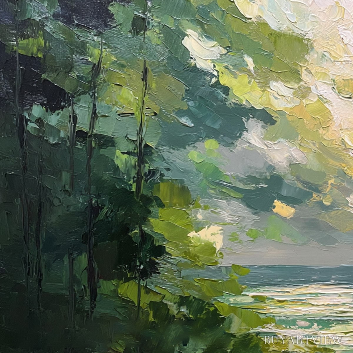 ARTOVITAS Emerald Overlook – Textured Palette Knife Seascape Forest Painting - image 3