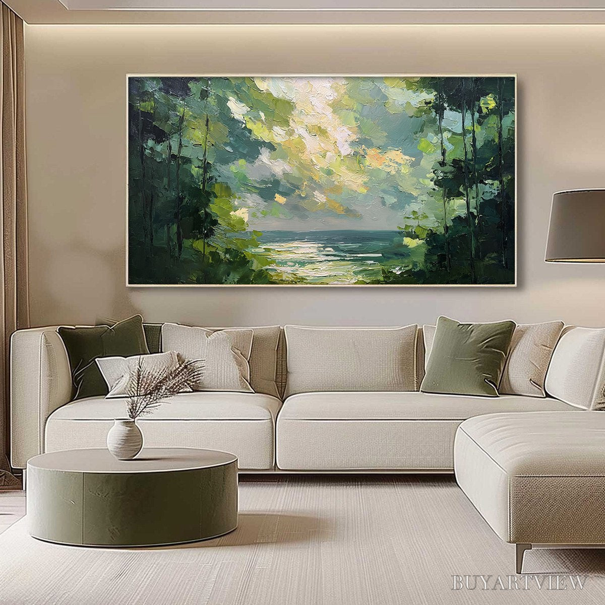 ARTOVITAS Emerald Overlook – Textured Palette Knife Seascape Forest Painting - image 4