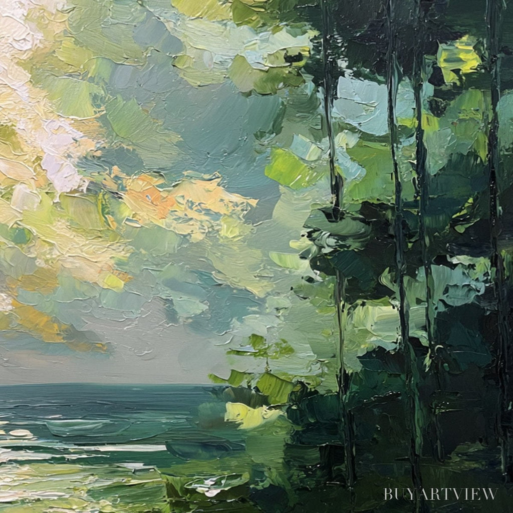 ARTOVITAS Emerald Overlook – Textured Palette Knife Seascape Forest Painting - image 5