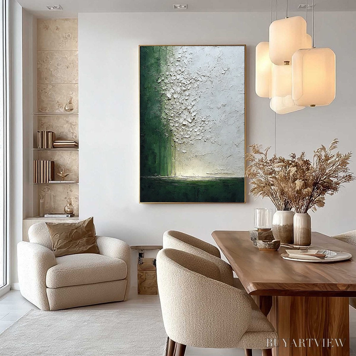 ARTOVITAS Emerald Fall – Large Green and White Textured Wabi Sabi Abstract Painting - image 4