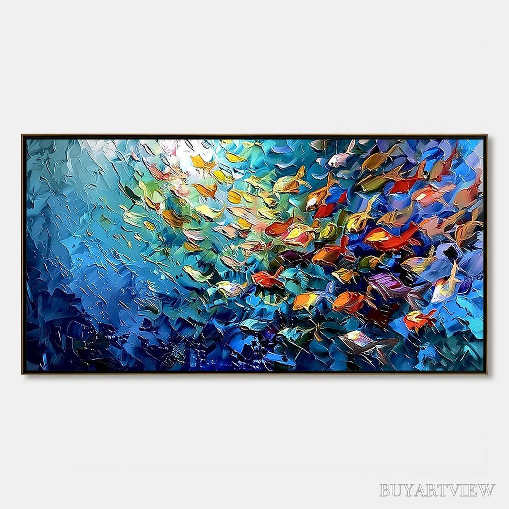 ARTOVITAS Coral Rush – Textured Impasto Painting of a Vibrant School of Fish - image 1