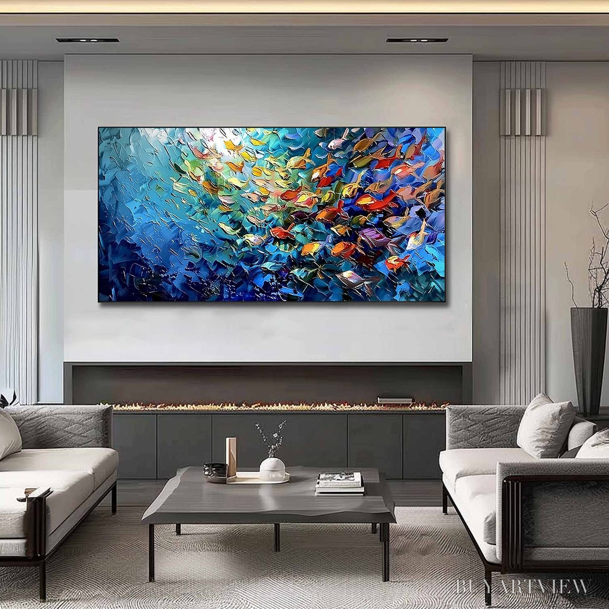 ARTOVITAS Coral Rush – Textured Impasto Painting of a Vibrant School of Fish - image 2
