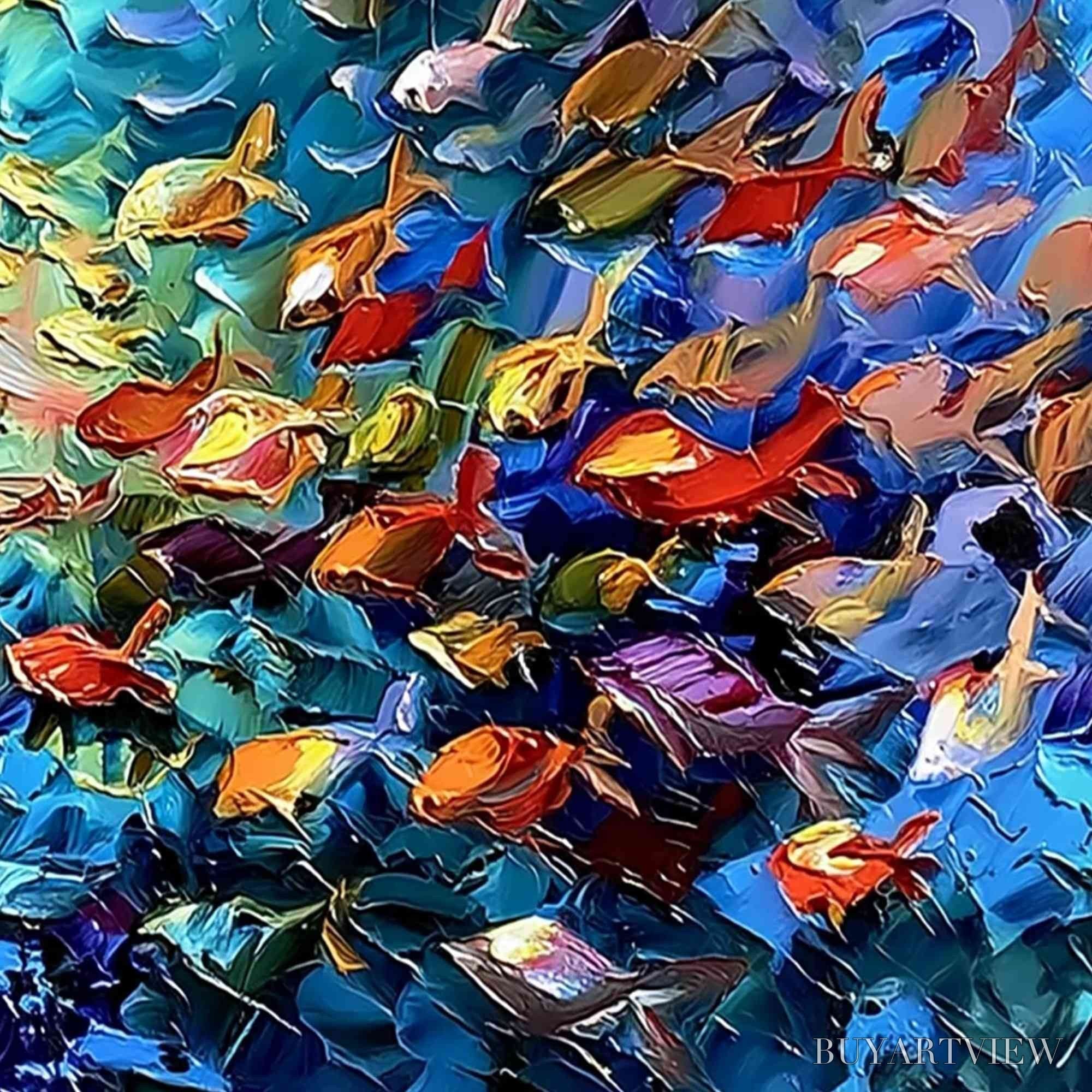 ARTOVITAS Coral Rush – Textured Impasto Painting of a Vibrant School of Fish - image 5