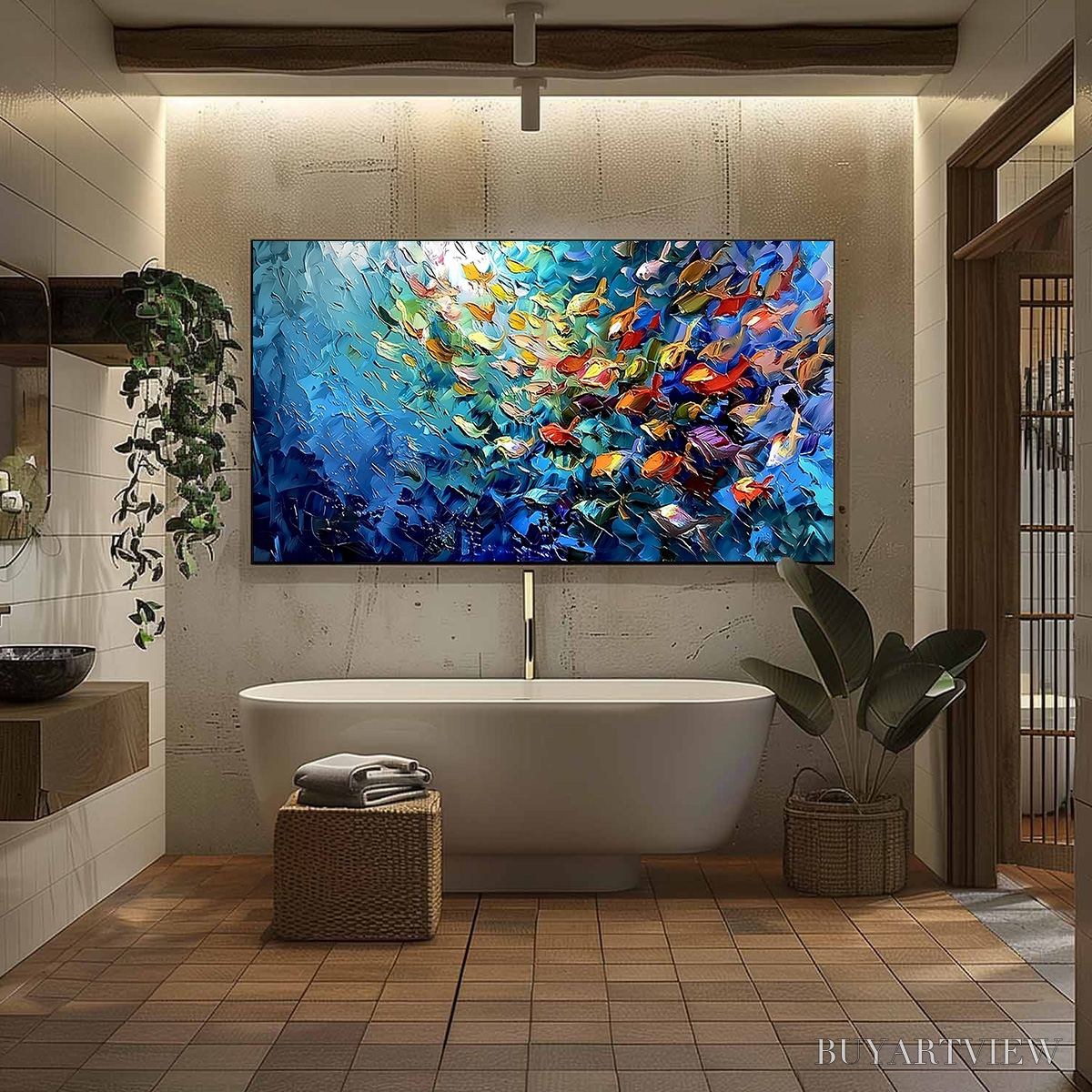 ARTOVITAS Coral Rush – Textured Impasto Painting of a Vibrant School of Fish - image 6