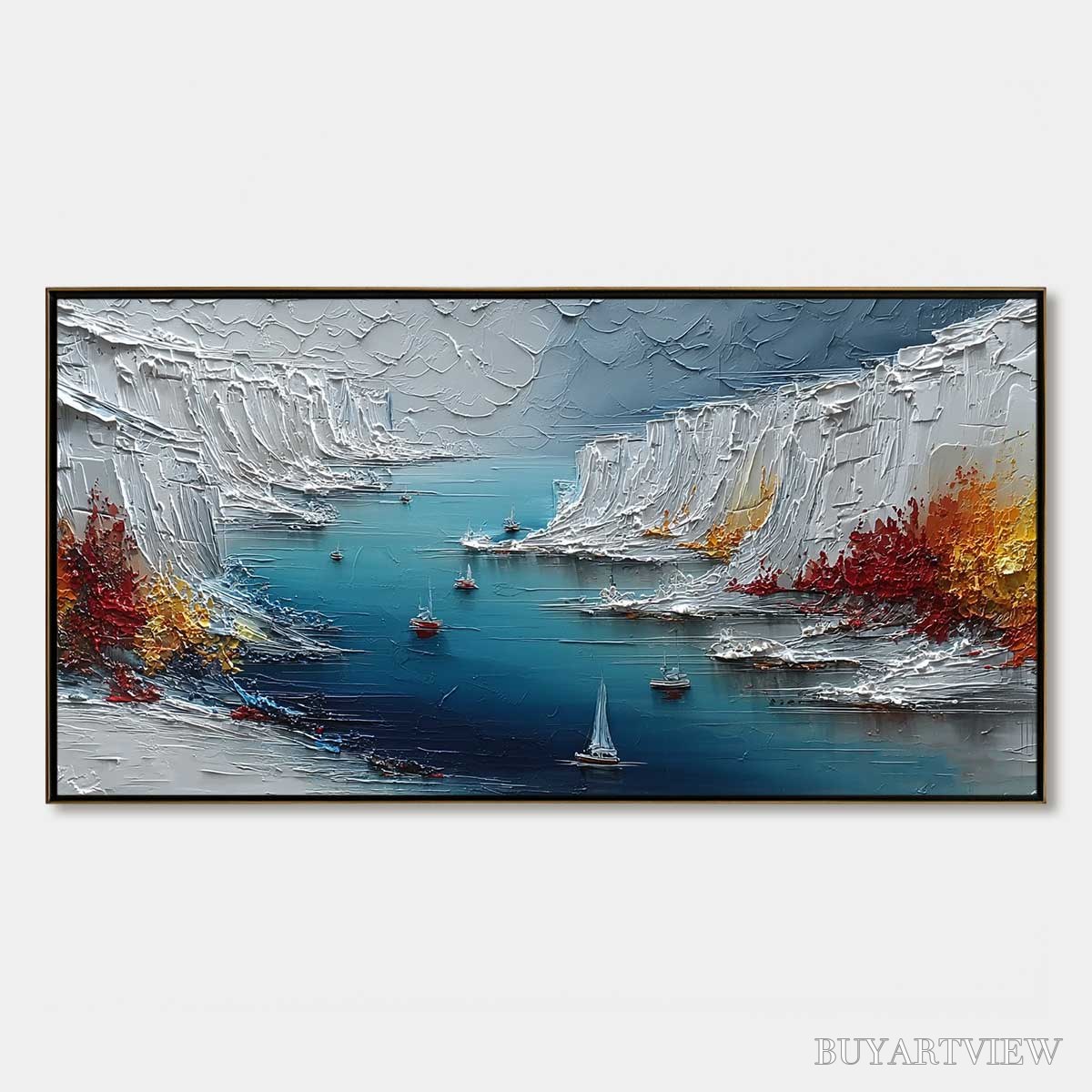 ARTOVITAS Crimson Fjord – Heavily Textured Palette Knife Coastal Landscape Painting - image 1