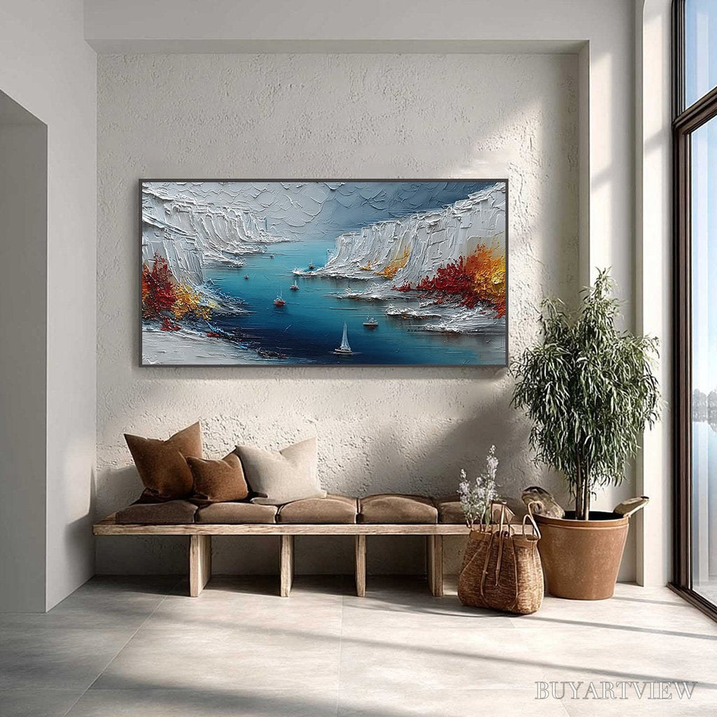 ARTOVITAS Crimson Fjord – Heavily Textured Palette Knife Coastal Landscape Painting - image 2
