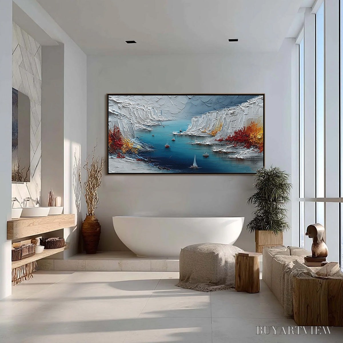 ARTOVITAS Crimson Fjord – Heavily Textured Palette Knife Coastal Landscape Painting - image 4