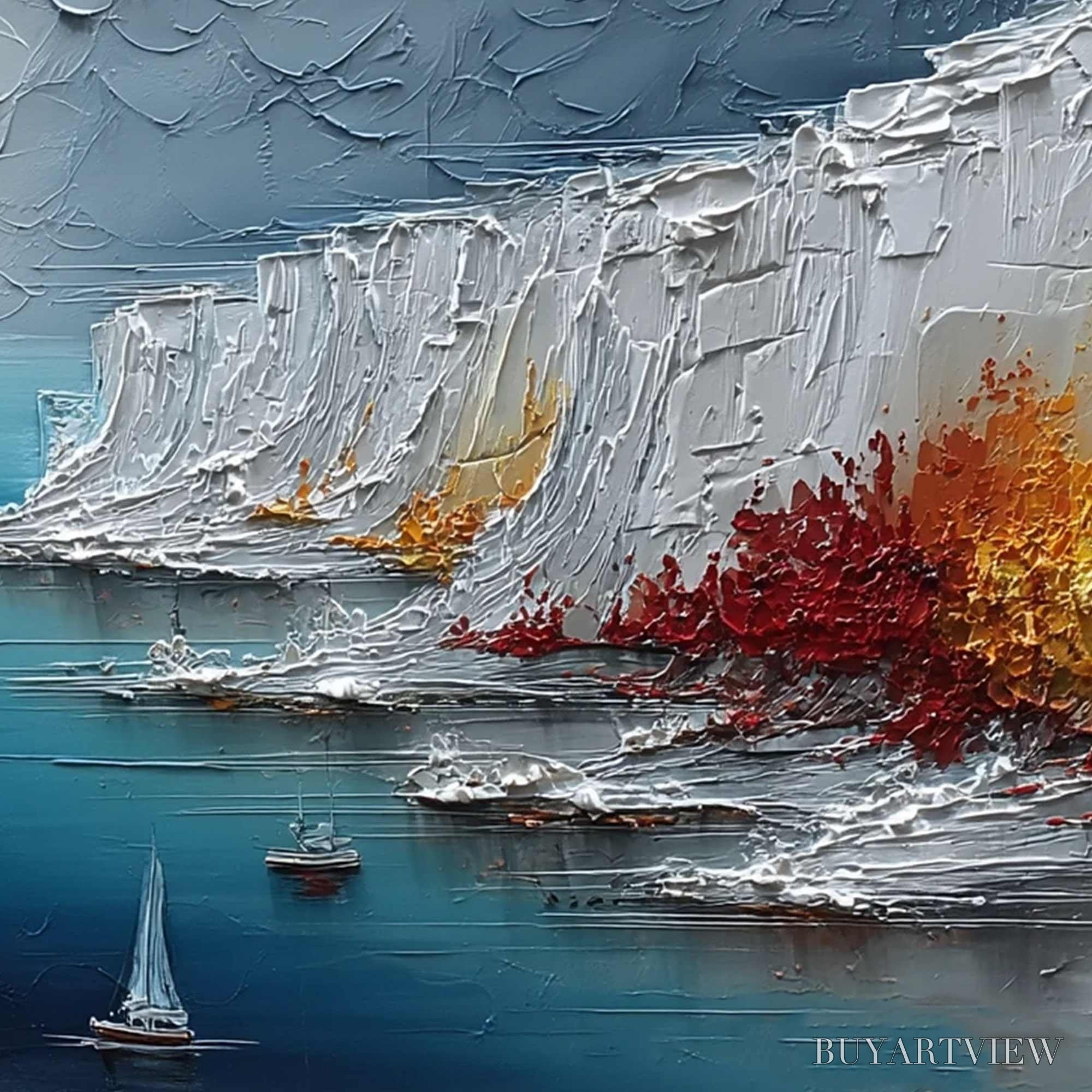 ARTOVITAS Crimson Fjord – Heavily Textured Palette Knife Coastal Landscape Painting - image 5