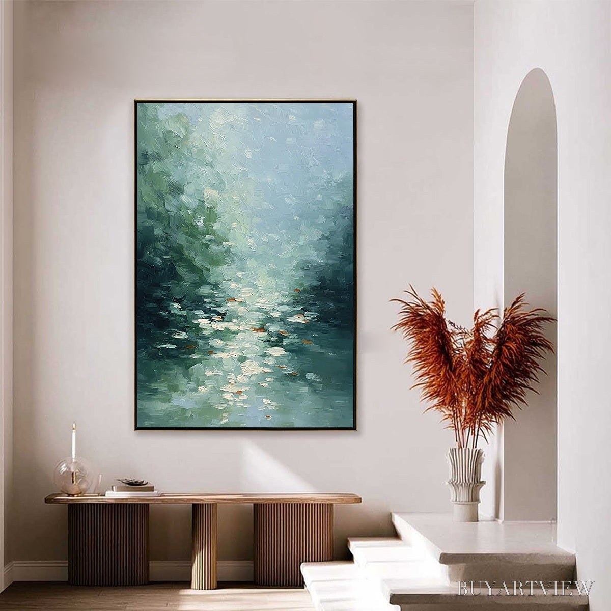 ARTOVITAS Emerald Reflections – Textured Abstract Wabi Sabi Seascape Painting - image 4