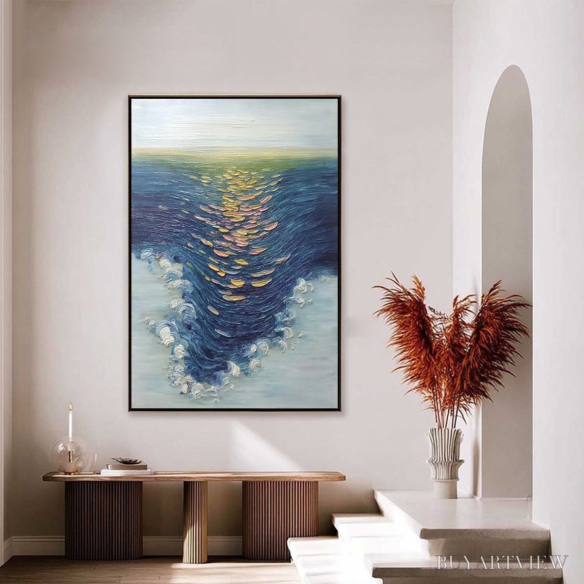 ARTOVITAS Coastal Glow – Textured Impasto Ocean Sunset Abstract Oil Painting - image 4