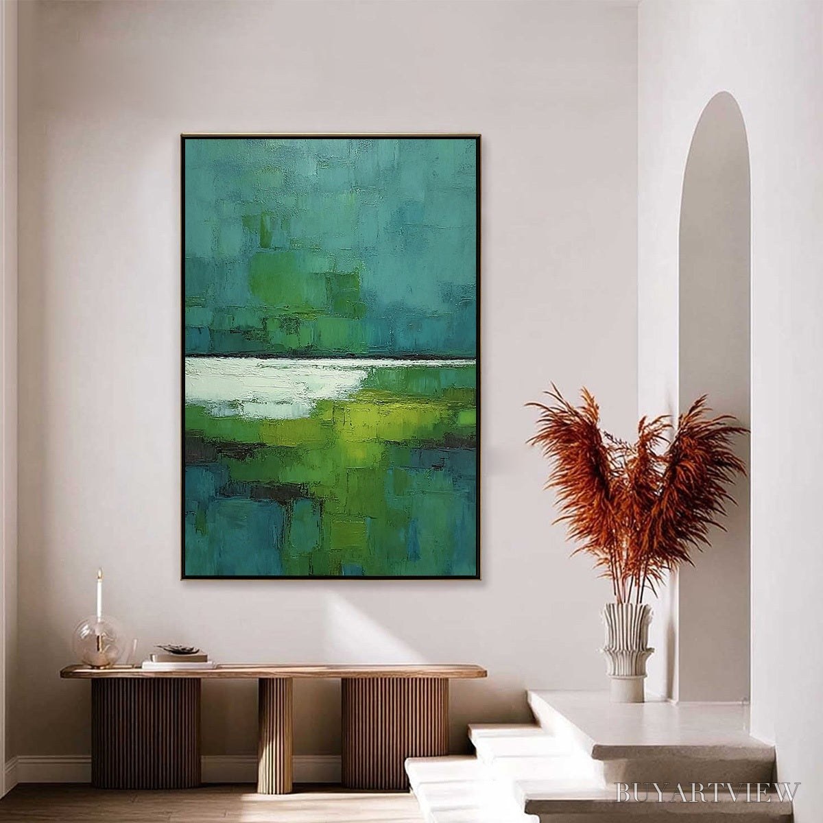 ARTOVITAS Verdant Shore – Textured Green and Teal Abstract Landscape Painting - image 4