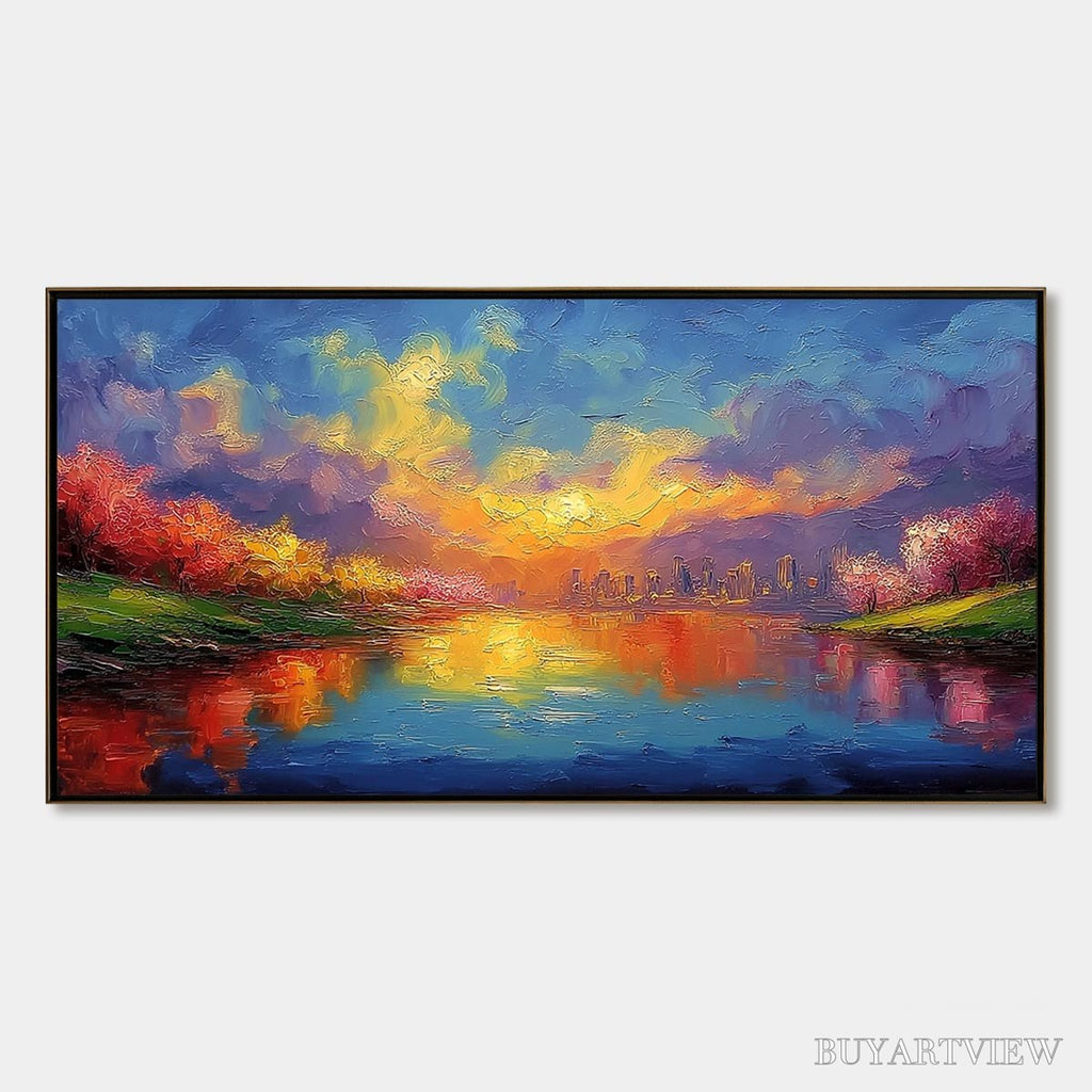 ARTOVITAS Vibrant Horizon – Textured Impasto Cityscape Sunset Painting - image 1