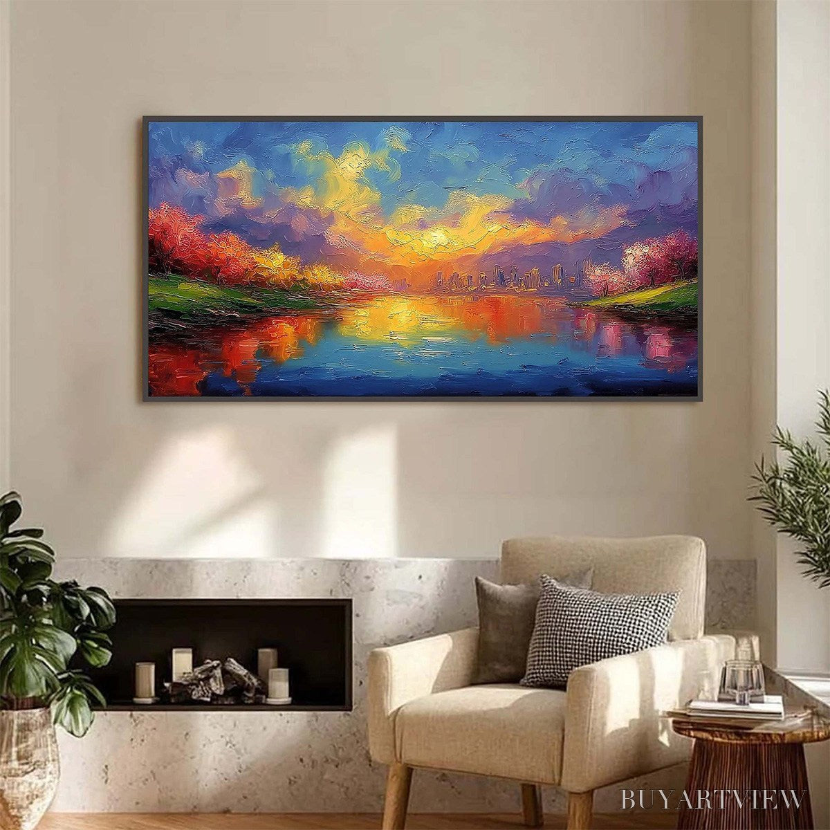ARTOVITAS Vibrant Horizon – Textured Impasto Cityscape Sunset Painting - image 2