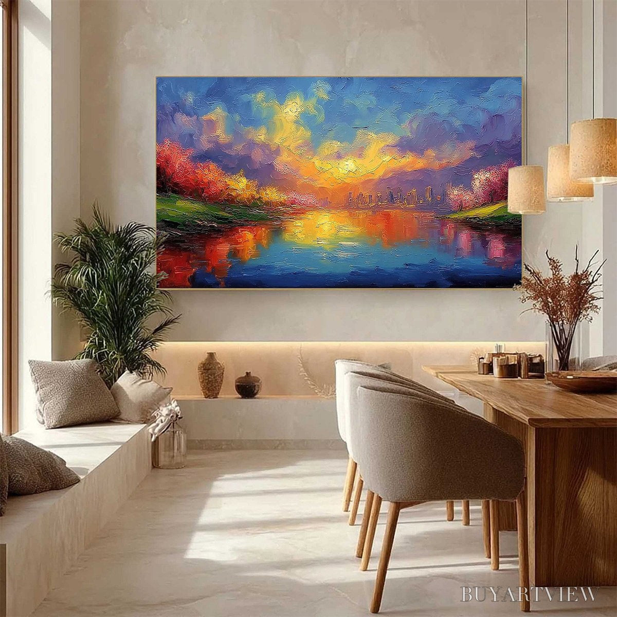 ARTOVITAS Vibrant Horizon – Textured Impasto Cityscape Sunset Painting - image 4