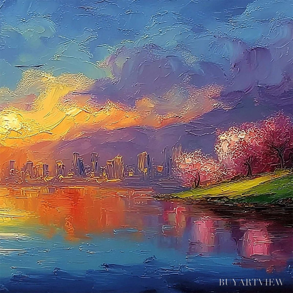 ARTOVITAS Vibrant Horizon – Textured Impasto Cityscape Sunset Painting - image 5