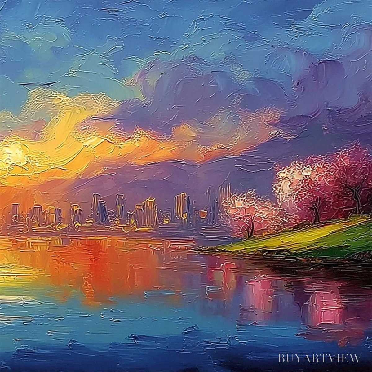 ARTOVITAS Vibrant Horizon – Textured Impasto Cityscape Sunset Painting - image 5