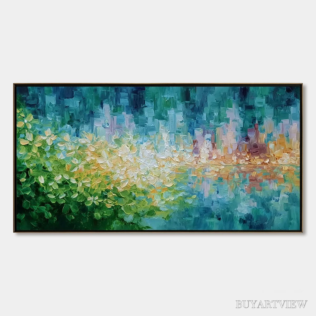 ARTOVITAS Verdant Echo – Textured Impasto Painting of a Lakeside Reflection - image 1